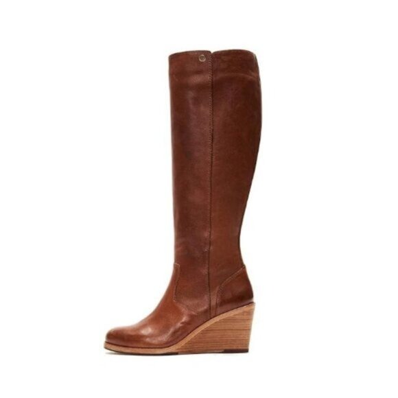 FSJ Brown Zipper Wedge High Heel Point Toe Fancy Pull On Ladies Fashion Boot